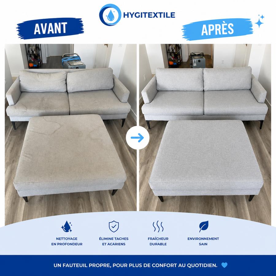 Canapé et pouf en tissu avant et après nettoyage en profondeur par HYGITEXTILE à Marseille