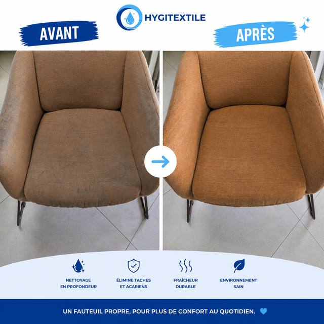 Fauteuil en tissu ocre encrassé avant nettoyage et ravivé après intervention HYGITEXTILE