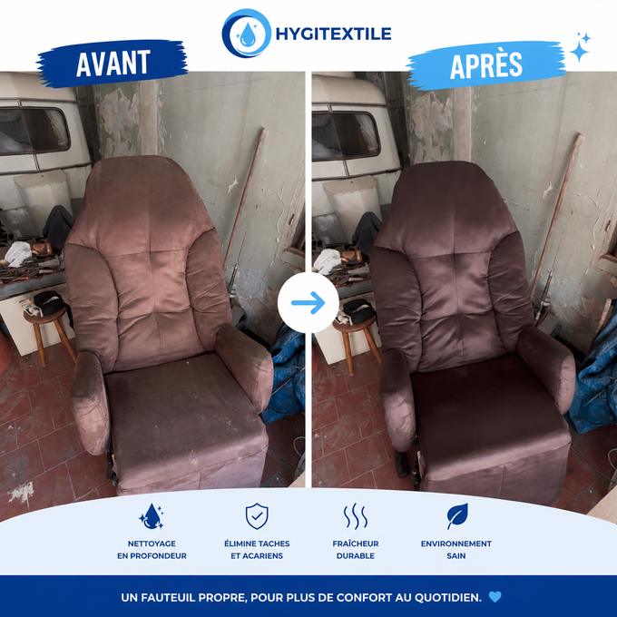 Fauteuil en microfibre terni avant nettoyage et ravivé après intervention HYGITEXTILE
