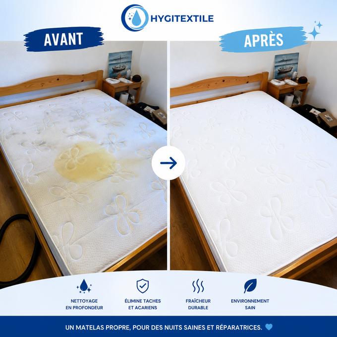 Matelas taché avant nettoyage et parfaitement propre après intervention HYGITEXTILE