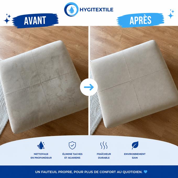 Pouf en tissu taché avant nettoyage et propre après intervention HYGITEXTILE